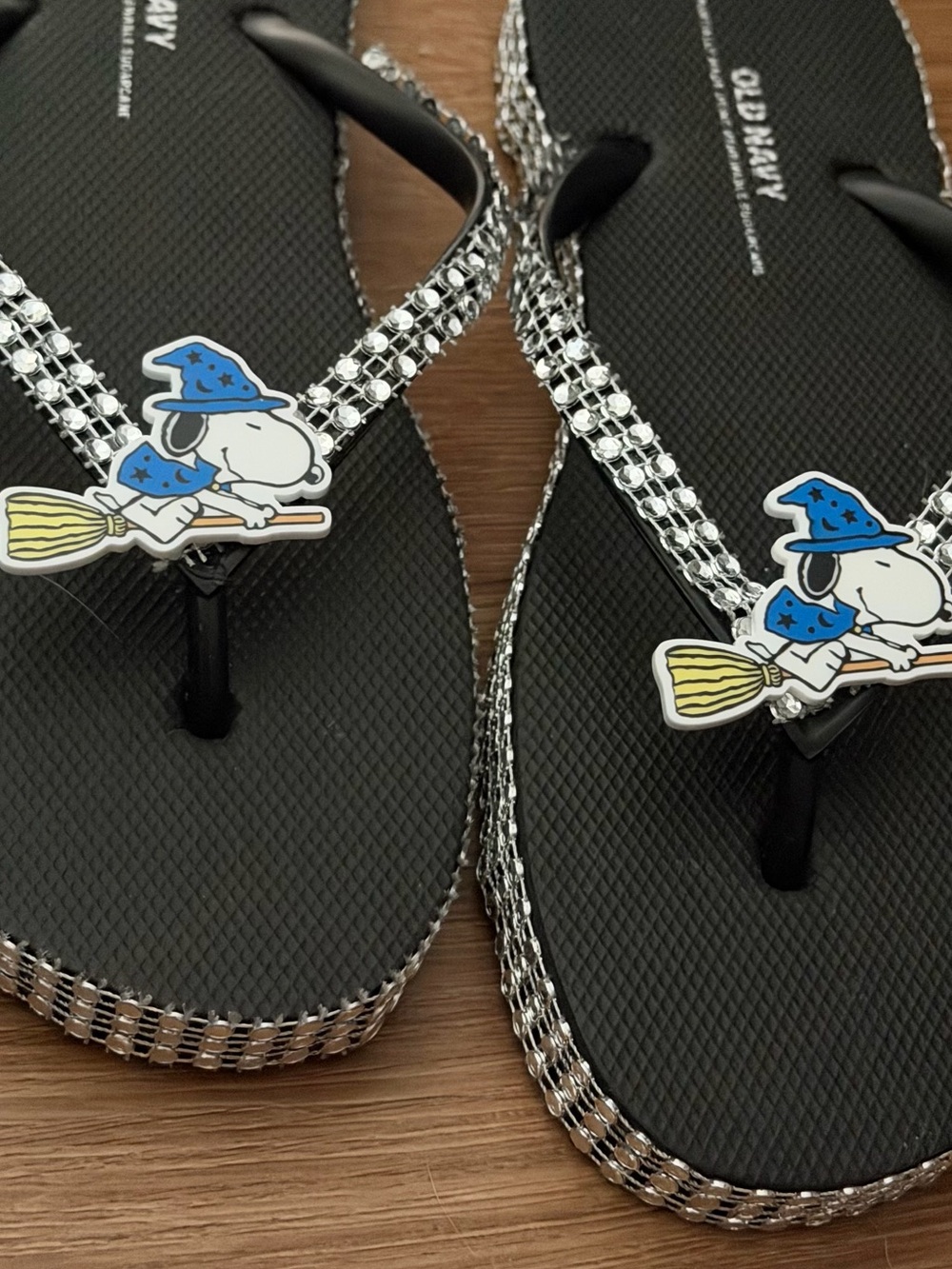 Black Rhinestone Flip Flops with Snoopy Wizard Charms